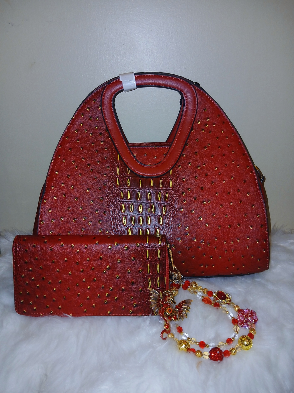 Red Faux Ostritch Studded Women's Handbag with Matching Wallet And Dragon Charm